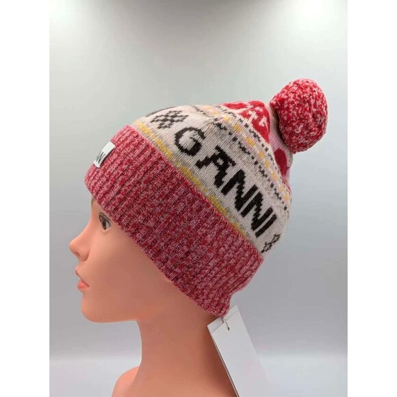 Ganni Women’s Graphic Wool Beanie Pompom Multicolor A4987 - Picture 9 of 10